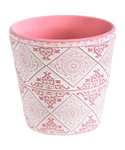 GloboStar® Artificial Garden CAIRO 20516 Διακοσμητικό Κεραμικό Κασπώ Γλάστρα – Flower Pot Λευκό με Ροζ Φ14 x Υ13cm