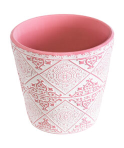 GloboStar® Artificial Garden CAIRO 20516 Διακοσμητικό Κεραμικό Κασπώ Γλάστρα – Flower Pot Λευκό με Ροζ Φ14 x Υ13cm