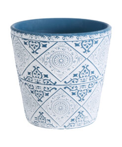 GloboStar® Artificial Garden CASABLANCA 20517 Διακοσμητικό Κεραμικό Κασπώ Γλάστρα – Flower Pot Λευκό με Μπλε Φ14 x Υ13cm