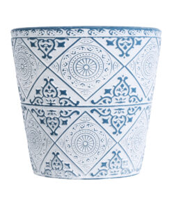 GloboStar® Artificial Garden CASABLANCA 20517 Διακοσμητικό Κεραμικό Κασπώ Γλάστρα – Flower Pot Λευκό με Μπλε Φ14 x Υ13cm