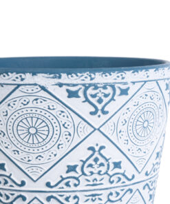 GloboStar® Artificial Garden CASABLANCA 20517 Διακοσμητικό Κεραμικό Κασπώ Γλάστρα – Flower Pot Λευκό με Μπλε Φ14 x Υ13cm