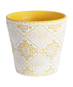 GloboStar® Artificial Garden RABAT 20518 Διακοσμητικό Κεραμικό Κασπώ Γλάστρα – Flower Pot Λευκό με Κίτρινο Φ14 x Υ13cm