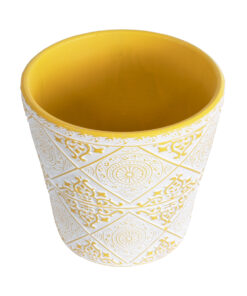 GloboStar® Artificial Garden RABAT 20518 Διακοσμητικό Κεραμικό Κασπώ Γλάστρα – Flower Pot Λευκό με Κίτρινο Φ14 x Υ13cm