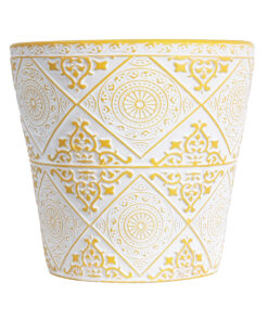 GloboStar® Artificial Garden RABAT 20518 Διακοσμητικό Κεραμικό Κασπώ Γλάστρα – Flower Pot Λευκό με Κίτρινο Φ14 x Υ13cm