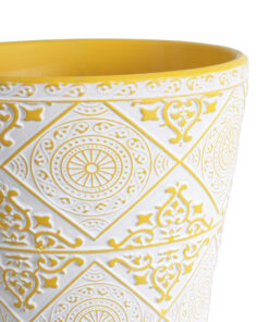 GloboStar® Artificial Garden RABAT 20518 Διακοσμητικό Κεραμικό Κασπώ Γλάστρα – Flower Pot Λευκό με Κίτρινο Φ14 x Υ13cm