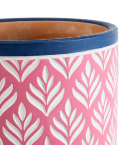 GloboStar® Artificial Garden BOMBAY 20521 Διακοσμητικό Κεραμικό Κασπώ Γλάστρα – Flower Pot Ροζ με Λευκό και Μπλε Φ14.5 x Υ13cm