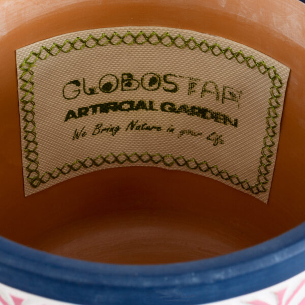 GloboStar® Artificial Garden BOMBAY 20521 Διακοσμητικό Κεραμικό Κασπώ Γλάστρα – Flower Pot Ροζ με Λευκό και Μπλε Φ14.5 x Υ13cm