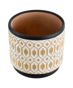 GloboStar® Artificial Garden VARANASI 20524 Διακοσμητικό Κεραμικό Κασπώ Γλάστρα – Flower Pot Χρυσό με Λευκό και Μαύρο Φ14.5 x Υ13cm