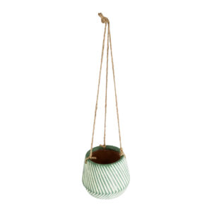 GloboStar® Artificial Garden BUBASTIS 20527 Κρεμαστό Διακοσμητικό Κεραμικό Κασπώ Γλάστρα – Flower Pot Λευκό με Πράσινο Φ13 x Υ10.5cm