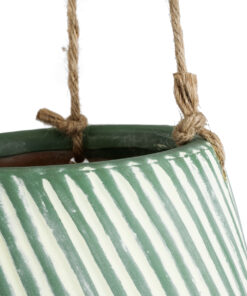 GloboStar® Artificial Garden BUBASTIS 20527 Κρεμαστό Διακοσμητικό Κεραμικό Κασπώ Γλάστρα – Flower Pot Λευκό με Πράσινο Φ13 x Υ10.5cm