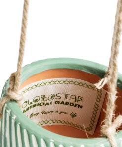 GloboStar® Artificial Garden BUBASTIS 20527 Κρεμαστό Διακοσμητικό Κεραμικό Κασπώ Γλάστρα – Flower Pot Λευκό με Πράσινο Φ13 x Υ10.5cm