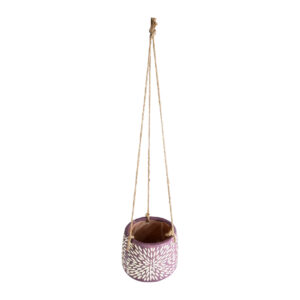 GloboStar® Artificial Garden NIGERIA 20529 Κρεμαστό Διακοσμητικό Κεραμικό Κασπώ Γλάστρα – Flower Pot Μωβ με Λευκό Φ12 x Υ11cm