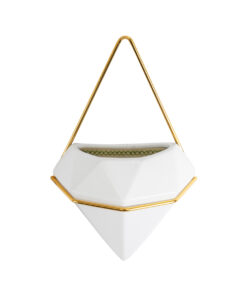 GloboStar® Artificial Garden LOUVRE 20533 Διακοσμητικό Κεραμικό Κασπώ Γλάστρα – Flower Pot Λευκό με Χρυσό Μ15 x Π8 x Υ24cm