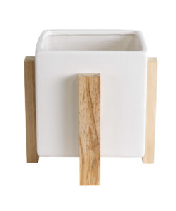 GloboStar® Artificial Garden VALETA 20541 Διακοσμητικό Κεραμικό Κασπώ Γλάστρα – Flower Pot Λευκό με Μπεζ Ξύλο Φ16 x Υ16cm