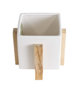 GloboStar® Artificial Garden VALETA 20541 Διακοσμητικό Κεραμικό Κασπώ Γλάστρα – Flower Pot Λευκό με Μπεζ Ξύλο Φ16 x Υ16cm