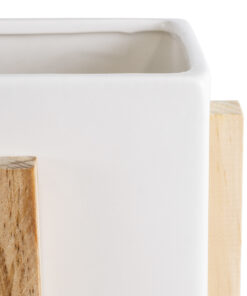 GloboStar® Artificial Garden VALETA 20541 Διακοσμητικό Κεραμικό Κασπώ Γλάστρα – Flower Pot Λευκό με Μπεζ Ξύλο Φ16 x Υ16cm