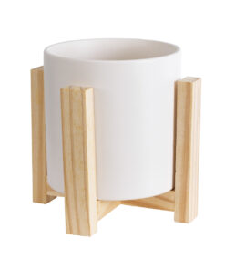 GloboStar® Artificial Garden PUERTO RICO 20542 Διακοσμητικό Κεραμικό Κασπώ Γλάστρα – Flower Pot Λευκό με Μπεζ Ξύλο Φ16 x Υ16cm