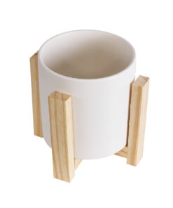 GloboStar® Artificial Garden PUERTO RICO 20542 Διακοσμητικό Κεραμικό Κασπώ Γλάστρα – Flower Pot Λευκό με Μπεζ Ξύλο Φ16 x Υ16cm