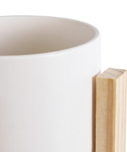 GloboStar® Artificial Garden PUERTO RICO 20542 Διακοσμητικό Κεραμικό Κασπώ Γλάστρα – Flower Pot Λευκό με Μπεζ Ξύλο Φ16 x Υ16cm