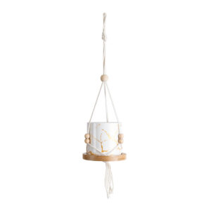 GloboStar® Artificial Garden USBOA 20545 Κρεμαστό Διακοσμητικό Κεραμικό Κασπώ Γλάστρα – Flower Pot Λευκό με Χρυσές Λεπτομέρειες και Μπεζ Ξύλινη Βάση Φ10 x Υ40cm