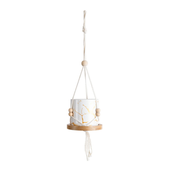 GloboStar® Artificial Garden USBOA 20545 Κρεμαστό Διακοσμητικό Κεραμικό Κασπώ Γλάστρα – Flower Pot Λευκό με Χρυσές Λεπτομέρειες και Μπεζ Ξύλινη Βάση Φ10 x Υ40cm