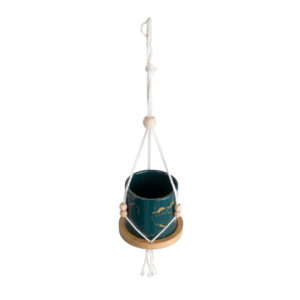 GloboStar® Artificial Garden TALLINN 20546 Κρεμαστό Διακοσμητικό Κεραμικό Κασπώ Γλάστρα – Flower Pot Πράσινο με Χρυσές Λεπτομέρειες και Μπεζ Ξύλινη Βάση Φ10 x Υ40cm