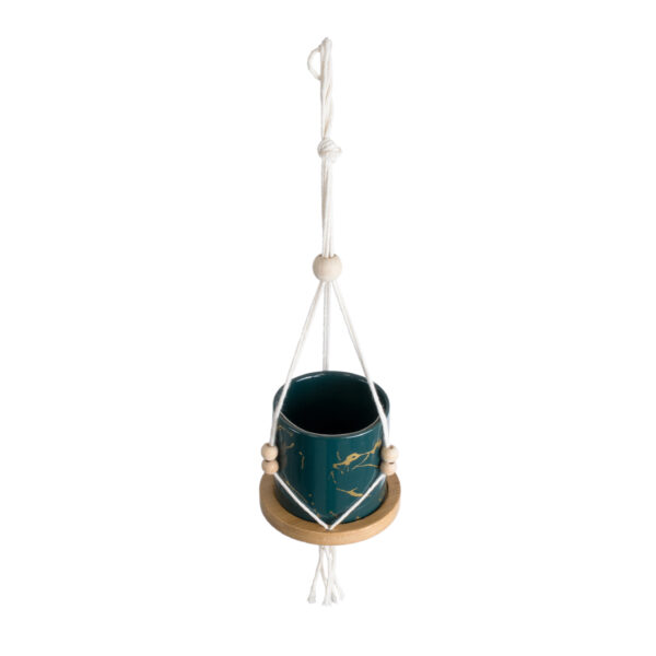 GloboStar® Artificial Garden TALLINN 20546 Κρεμαστό Διακοσμητικό Κεραμικό Κασπώ Γλάστρα – Flower Pot Πράσινο με Χρυσές Λεπτομέρειες και Μπεζ Ξύλινη Βάση Φ10 x Υ40cm