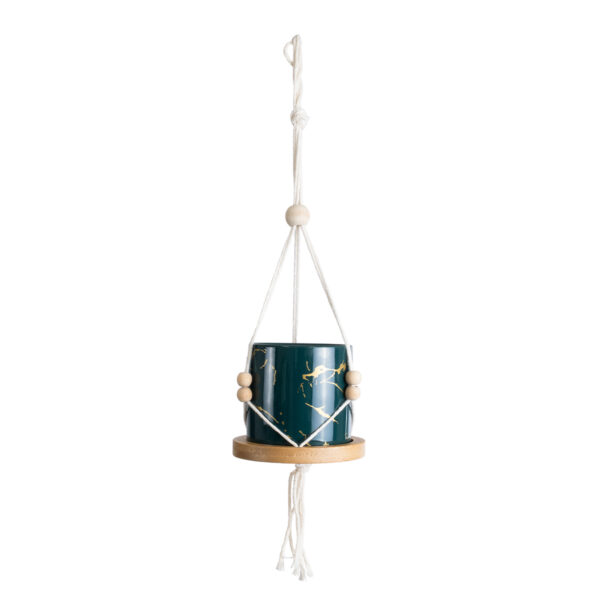 GloboStar® Artificial Garden TALLINN 20546 Κρεμαστό Διακοσμητικό Κεραμικό Κασπώ Γλάστρα – Flower Pot Πράσινο με Χρυσές Λεπτομέρειες και Μπεζ Ξύλινη Βάση Φ10 x Υ40cm