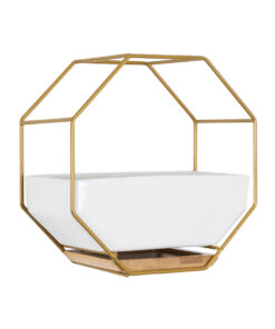 GloboStar® Artificial Garden MANDRITE 20556 Διακοσμητικό Κεραμικό Κασπώ Γλάστρα – Flower Pot Λευκό με Χρυσό Μεταλλικό Πλέγμα και Καφέ Ξύλινη Βάση Μ18 x Π10 x Υ18cm