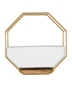 GloboStar® Artificial Garden MANDRITE 20556 Διακοσμητικό Κεραμικό Κασπώ Γλάστρα – Flower Pot Λευκό με Χρυσό Μεταλλικό Πλέγμα και Καφέ Ξύλινη Βάση Μ18 x Π10 x Υ18cm