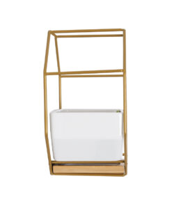 GloboStar® Artificial Garden MANDRITE 20556 Διακοσμητικό Κεραμικό Κασπώ Γλάστρα – Flower Pot Λευκό με Χρυσό Μεταλλικό Πλέγμα και Καφέ Ξύλινη Βάση Μ18 x Π10 x Υ18cm