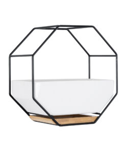 GloboStar® Artificial Garden BIANCO 20557 Διακοσμητικό Κεραμικό Κασπώ Γλάστρα – Flower Pot Λευκό με Μαύρο Μεταλλικό Πλέγμα και Καφέ Ξύλινη Βάση Μ18 x Π10 x Υ18cm