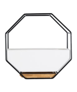 GloboStar® Artificial Garden BIANCO 20557 Διακοσμητικό Κεραμικό Κασπώ Γλάστρα – Flower Pot Λευκό με Μαύρο Μεταλλικό Πλέγμα και Καφέ Ξύλινη Βάση Μ18 x Π10 x Υ18cm