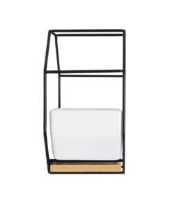 GloboStar® Artificial Garden BIANCO 20557 Διακοσμητικό Κεραμικό Κασπώ Γλάστρα – Flower Pot Λευκό με Μαύρο Μεταλλικό Πλέγμα και Καφέ Ξύλινη Βάση Μ18 x Π10 x Υ18cm