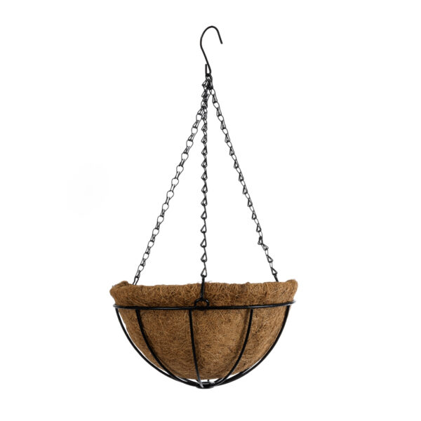 GloboStar® Artificial Garden SALAMINA 20560 Κρεμαστό Διακοσμητικό Κασπώ Γλάστρα – Flower Pot από Φλοιό Καρύδας Καφέ με Μαύρη Μεταλλική Βάση Φ25 x Υ14cm