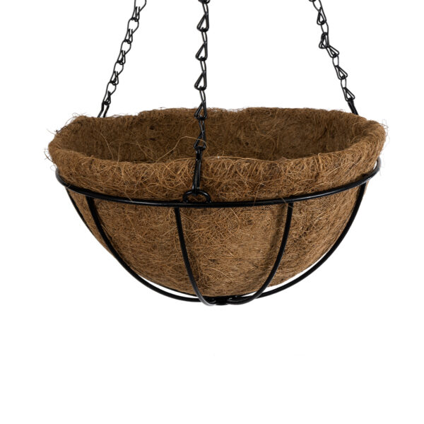 GloboStar® Artificial Garden SALAMINA 20560 Κρεμαστό Διακοσμητικό Κασπώ Γλάστρα – Flower Pot από Φλοιό Καρύδας Καφέ με Μαύρη Μεταλλική Βάση Φ25 x Υ14cm