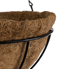 GloboStar® Artificial Garden SALAMINA 20560 Κρεμαστό Διακοσμητικό Κασπώ Γλάστρα – Flower Pot από Φλοιό Καρύδας Καφέ με Μαύρη Μεταλλική Βάση Φ25 x Υ14cm