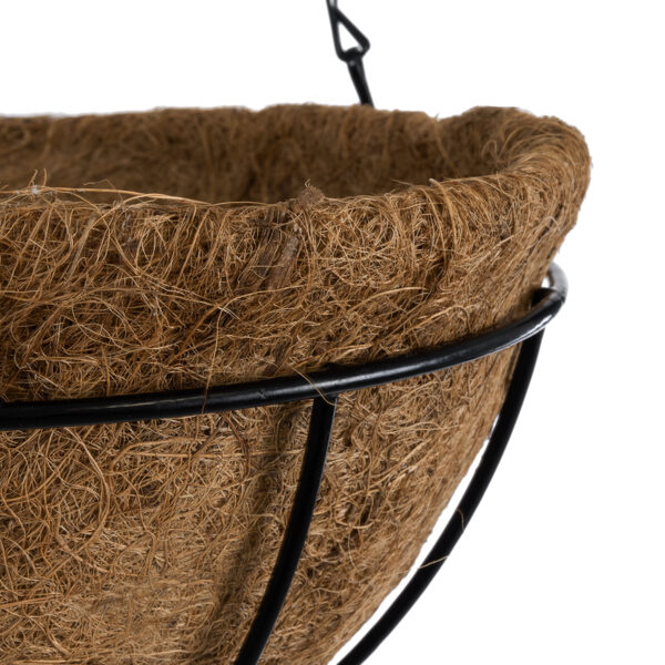 GloboStar® Artificial Garden SALAMINA 20560 Κρεμαστό Διακοσμητικό Κασπώ Γλάστρα – Flower Pot από Φλοιό Καρύδας Καφέ με Μαύρη Μεταλλική Βάση Φ25 x Υ14cm