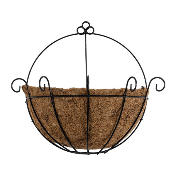 GloboStar® Artificial Garden KOUFONISIA 20562 Κρεμαστό Διακοσμητικό Κασπώ Γλάστρα – Flower Pot από Φλοιό Καρύδας Καφέ με Μαύρη Μεταλλική Βάση Φ30 x Υ33cm
