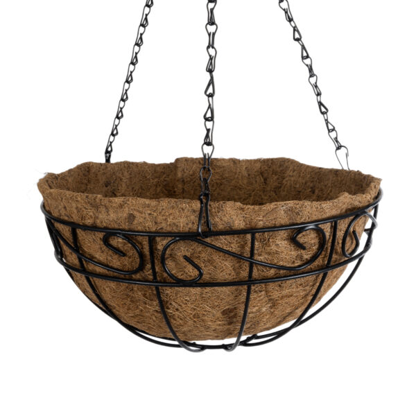 GloboStar® Artificial Garden KARYSTOS 20563 Κρεμαστό Διακοσμητικό Κασπώ Γλάστρα – Flower Pot από Φλοιό Καρύδας Καφέ με Μαύρη Μεταλλική Βάση Φ30 x Υ15cm