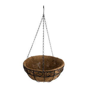 GloboStar® Artificial Garden KARYSTOS 20564 Κρεμαστό Διακοσμητικό Κασπώ Γλάστρα – Flower Pot από Φλοιό Καρύδας Καφέ με Μαύρη Μεταλλική Βάση Φ35 x Υ18cm