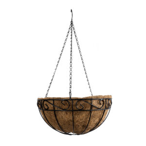 GloboStar® Artificial Garden KARYSTOS 20564 Κρεμαστό Διακοσμητικό Κασπώ Γλάστρα – Flower Pot από Φλοιό Καρύδας Καφέ με Μαύρη Μεταλλική Βάση Φ35 x Υ18cm