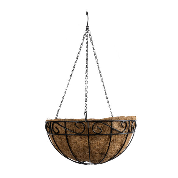 GloboStar® Artificial Garden KARYSTOS 20564 Κρεμαστό Διακοσμητικό Κασπώ Γλάστρα – Flower Pot από Φλοιό Καρύδας Καφέ με Μαύρη Μεταλλική Βάση Φ35 x Υ18cm