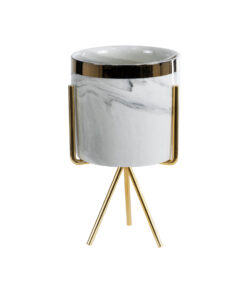 GloboStar® Artificial Garden ALASKA 20565 Διακοσμητικό Κεραμικό Κασπώ Γλάστρα – Flower Pot Λευκό με Χρυσή Μεταλλική Βάση και Μαύρες Λεπτομέρειες Φ8 x Υ15cm