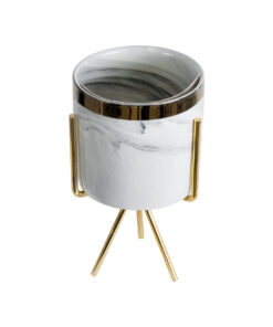 GloboStar® Artificial Garden ALASKA 20565 Διακοσμητικό Κεραμικό Κασπώ Γλάστρα – Flower Pot Λευκό με Χρυσή Μεταλλική Βάση και Μαύρες Λεπτομέρειες Φ8 x Υ15cm