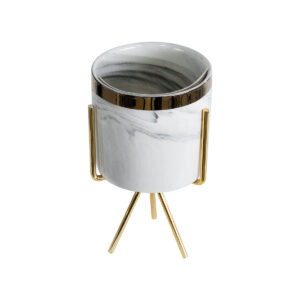 GloboStar® Artificial Garden ALASKA 20565 Διακοσμητικό Κεραμικό Κασπώ Γλάστρα – Flower Pot Λευκό με Χρυσή Μεταλλική Βάση και Μαύρες Λεπτομέρειες Φ8 x Υ15cm