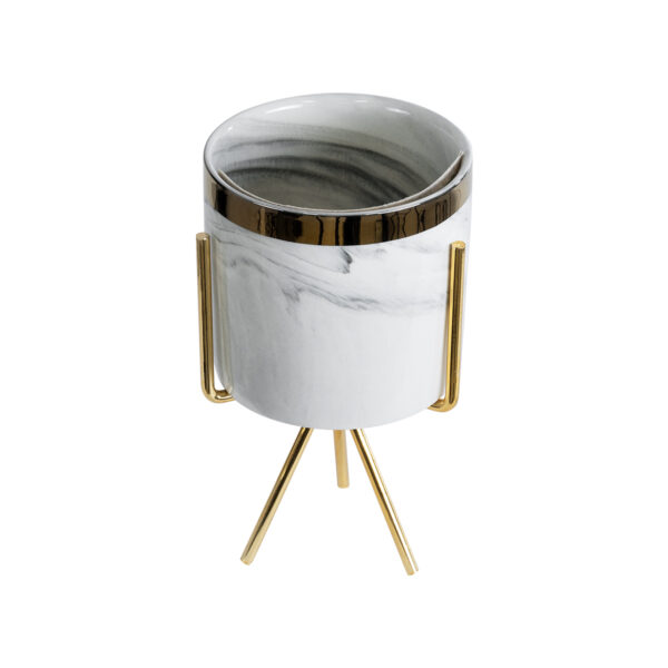 GloboStar® Artificial Garden ALASKA 20565 Διακοσμητικό Κεραμικό Κασπώ Γλάστρα – Flower Pot Λευκό με Χρυσή Μεταλλική Βάση και Μαύρες Λεπτομέρειες Φ8 x Υ15cm