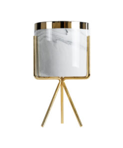 GloboStar® Artificial Garden ALASKA 20565 Διακοσμητικό Κεραμικό Κασπώ Γλάστρα – Flower Pot Λευκό με Χρυσή Μεταλλική Βάση και Μαύρες Λεπτομέρειες Φ8 x Υ15cm