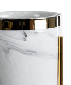 GloboStar® Artificial Garden ALASKA 20565 Διακοσμητικό Κεραμικό Κασπώ Γλάστρα – Flower Pot Λευκό με Χρυσή Μεταλλική Βάση και Μαύρες Λεπτομέρειες Φ8 x Υ15cm