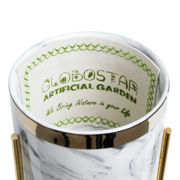 GloboStar® Artificial Garden ALASKA 20565 Διακοσμητικό Κεραμικό Κασπώ Γλάστρα – Flower Pot Λευκό με Χρυσή Μεταλλική Βάση και Μαύρες Λεπτομέρειες Φ8 x Υ15cm